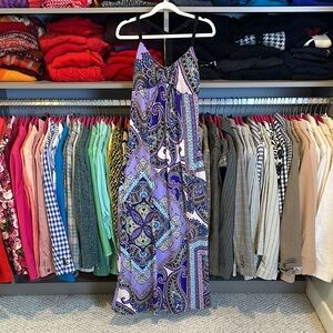 Heart Soul purple/black/pink print v neck padded bust rope detail maxi dress S